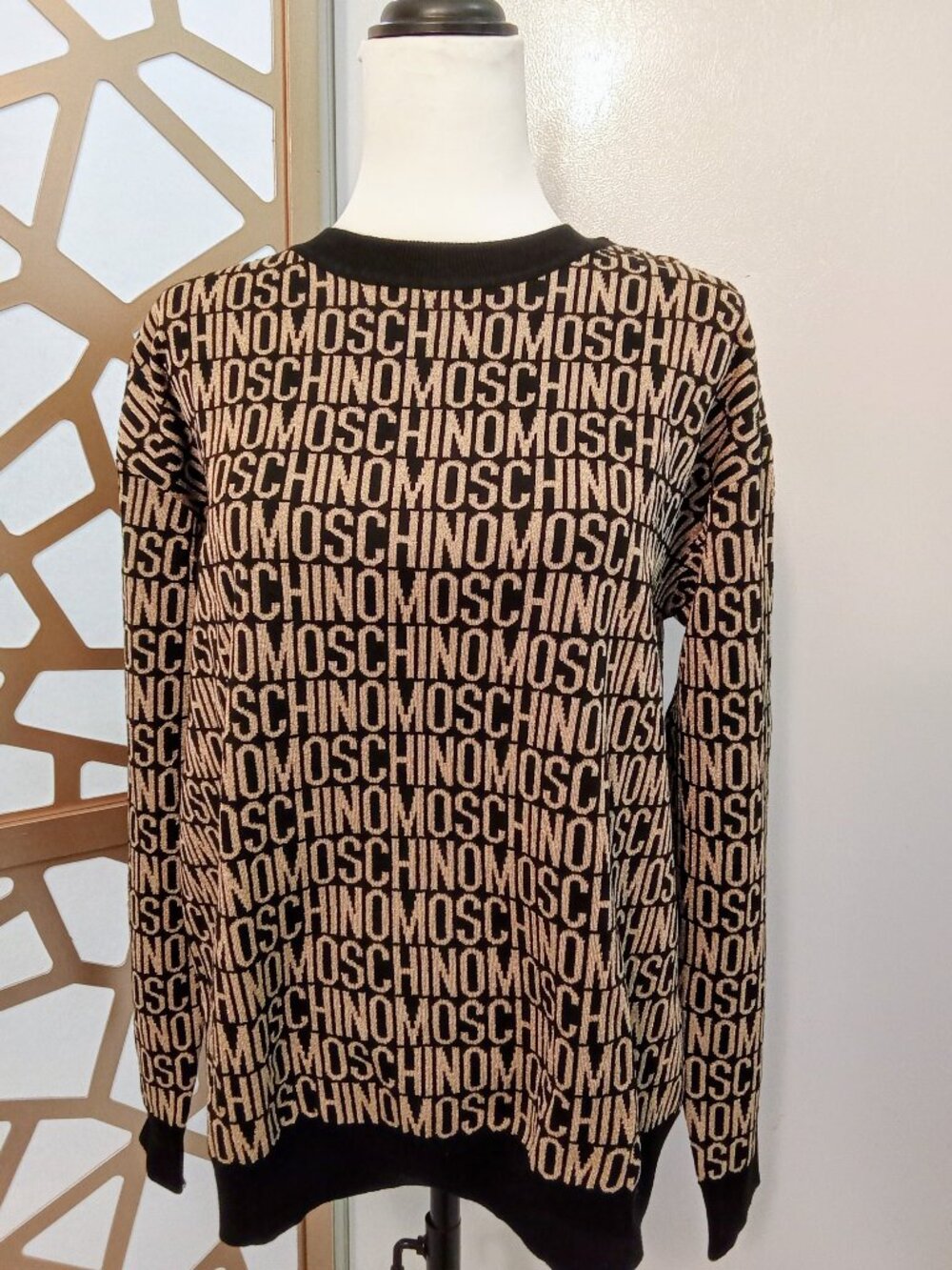 Moschino black and bronze Metallic Crew Neck L/S Sweater Top New With Tag